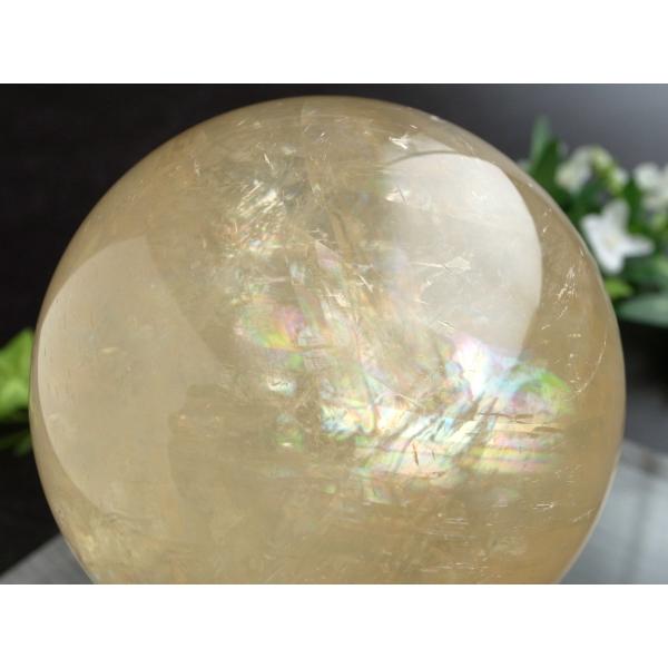5A 超透明 キラキラ ゴールデン カルサイト 丸玉 台座付 直径約81mm 重さ797g 繁栄と成...