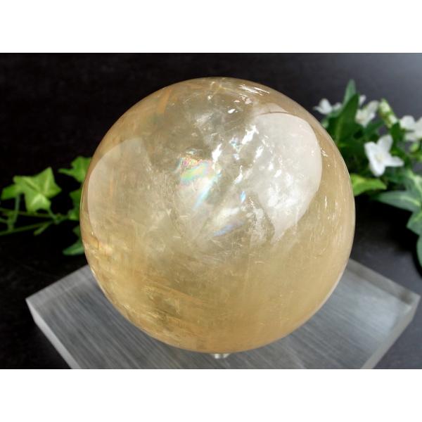 5A 超透明 キラキラ ゴールデン カルサイト 丸玉 台座付 直径約83mm 重さ843g 繁栄と成...