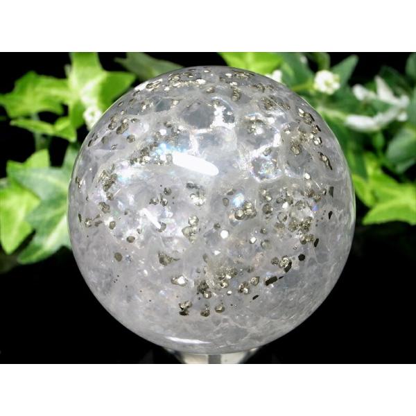 激レア パイライトインフローライト 丸玉 台座付 直径約56mm 重さ約287g 天才の石 整然と並...