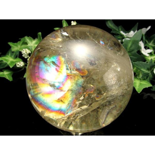 超透明 5A 虹入り シトリン 丸玉 台座付き 直径71mm 重さ498.5g 透明感抜群 金運 財...