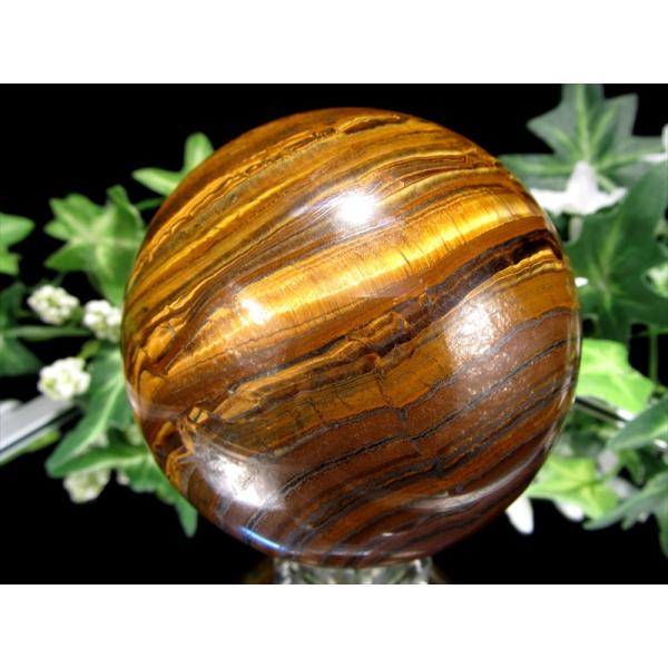 断層模様 タイガーアイ 丸玉 台座付 直径70mm 重さ567g 金運の代名詞 良質シャトヤンシー ...