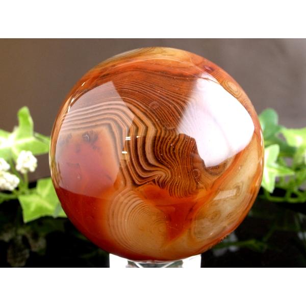 5A 模様くっきり サードオニキス 丸玉 台座付 直径約64mm 重さ約380g 赤縞瑪瑙 自然がつ...