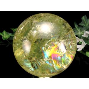 超透明 5A 虹入り シトリン 丸玉 台座付 直径約44mm 重さ121.1g 透明感