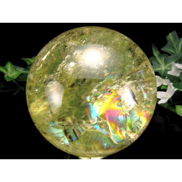 虹入り S級 レインボー シトリン 丸玉 台座付き 直径約70mm 重さ476.1g 透明感抜群 金...