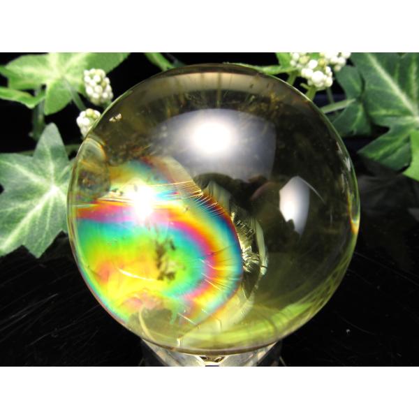 くっきりエンジェルラダー・虹入り 5A 超透明 天翔ける シトリン 丸玉 台座付き 直径約46mm ...