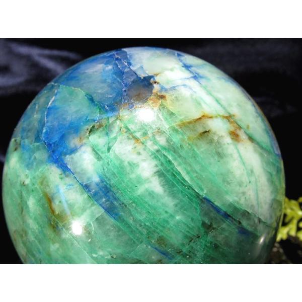藍銅鉱・孔雀石入り水晶 アズライトマラカイトインクォーツ 丸玉 台座付き 直径約58mm 重さ273...