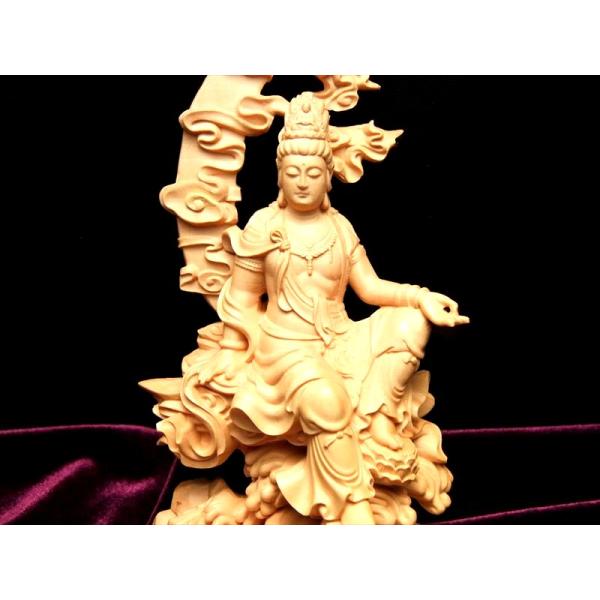 5A 透かし彫り 水月観音 座像 木彫り観音像置物 高さ約175mm 風水やインテリアに パワースト...