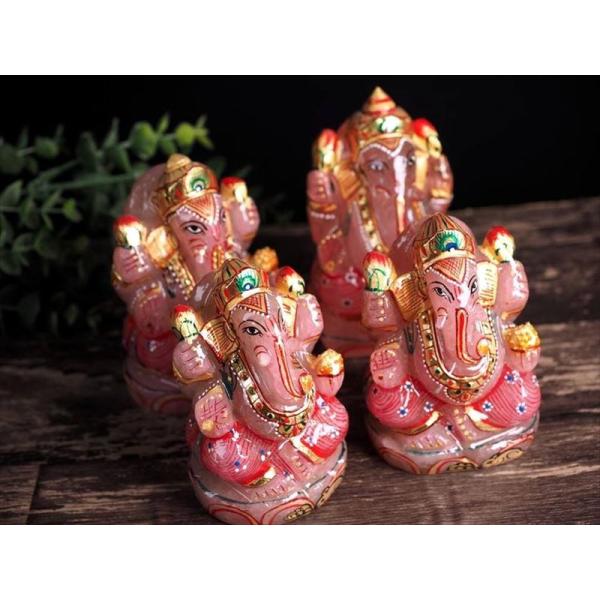 ローズクォーツ ガネーシャ彫り置物 約200g-220g 1個売り 豪華22金カラー彩色 夢を叶える...