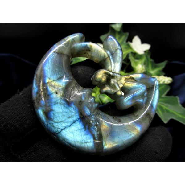 幻想的シラー ラブラドライト 月と妖精 彫刻置物 重さ 約35-45g 1個売り ブルーシラー マダ...