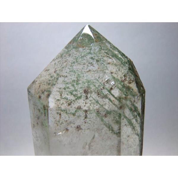 虹入り 5A 鏡花水月 グリーンガーデン 連層ファントムクォーツ ポイント置物 専用木製台座付き 高...