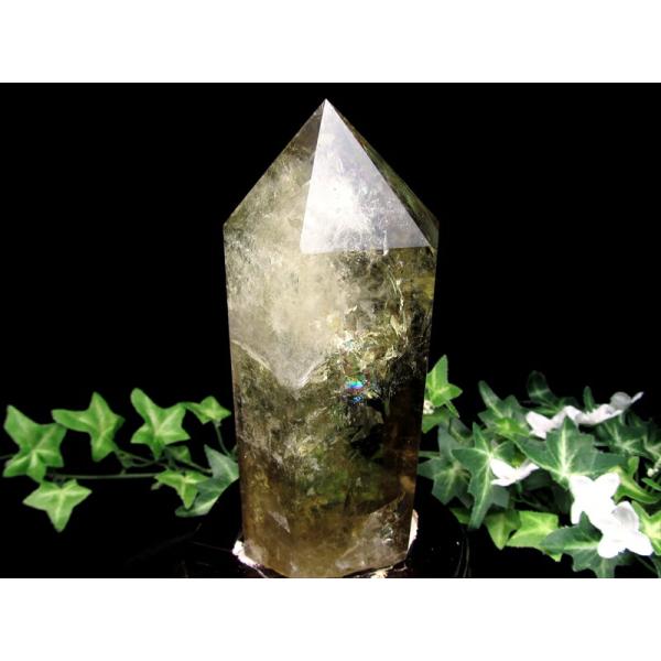 虹入り レインボー シトリン ポイント 置物 専用木製台付 高さ約186mm 重さ965.5g 濃厚...