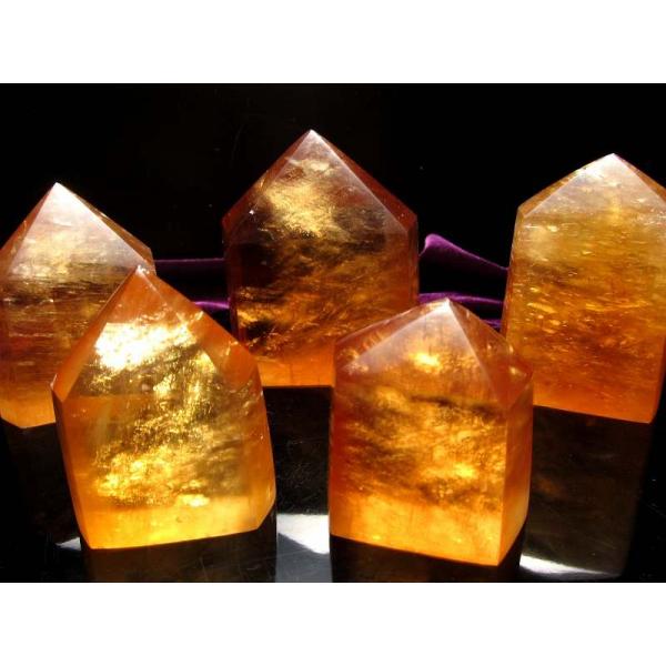 ディープゴールデンカルサイト ポイント 六角柱 重さ100g-120g 蜂蜜のような黄金色 虹入りも...