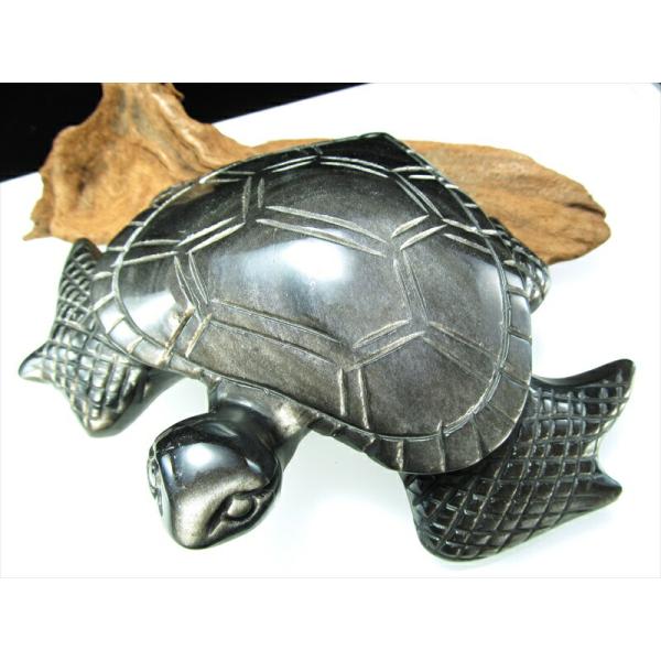 シラーたっぷり シルバーオブシディアン（黒曜石） 亀 彫刻 置物 最大幅約157mm 健康と長寿の象...