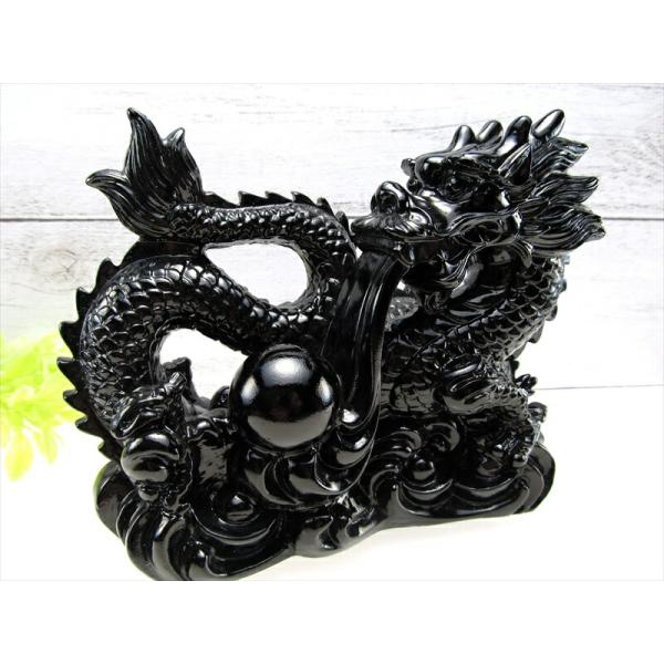 玉持ち龍神 瑠璃製 ブラックカラー 龍 置物 横幅約145mm 重さ890g 大吉開運 インテリアや...