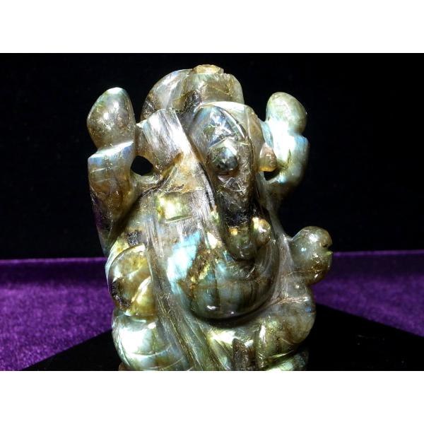 レインボーシラー ラブラドライト ガネーシャ 彫刻置物 重さ202g 繊細な天然石彫刻置物 くっきり...