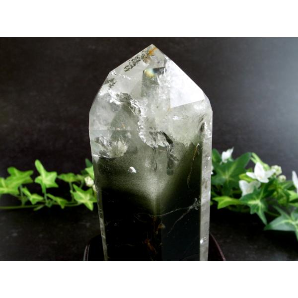 虹入り 5A 鏡花水月 グリーンガーデン ポイント置物 専用木製台座付き 高さ約165mm 重さ73...