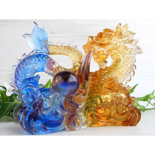 玉持ち龍神 瑠璃製 レインボーカラーの龍置物 横幅約140mm 重さ717g 大吉開運 1点物 イン...