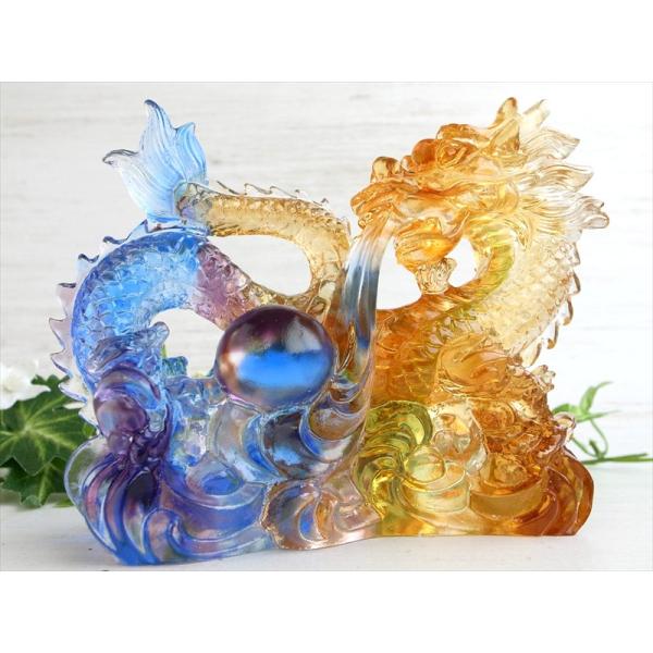 玉持ち龍神 瑠璃製 レインボーカラーの龍置物 横幅約140mm 重さ728g 大吉開運 1点物 イン...