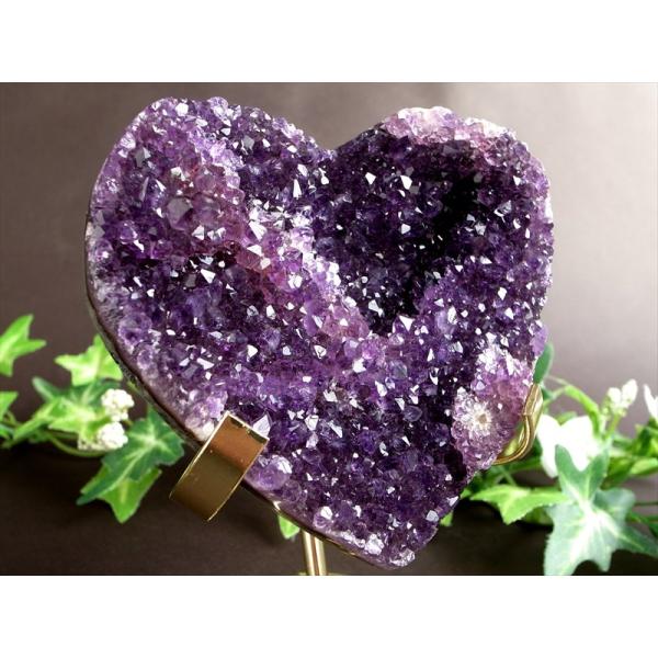 アメジスト ハート型 クラスター ゴールデン台座付 最大幅98mm 重さ379g 極上濃厚パープル&amp;...
