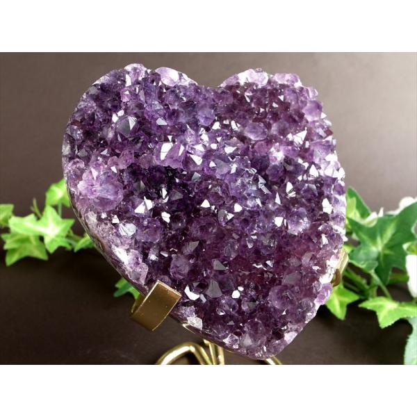 アメジスト ハート型 クラスター ゴールデン台座付 最大幅101mm 重さ494g 極上濃厚パープル...