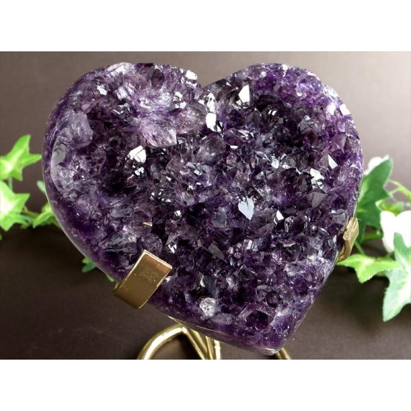 アメジスト ハート型 クラスター ゴールデン台座付 最大幅103mm 重さ416g 極上濃厚パープル...