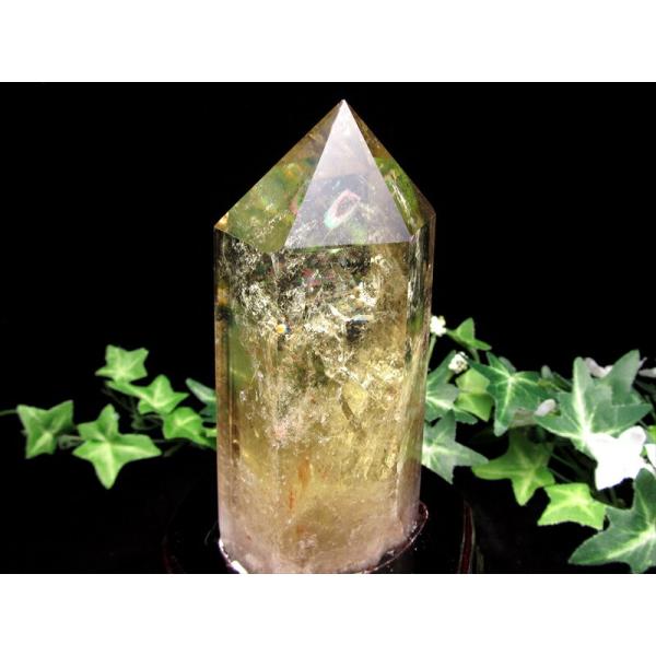 虹入り シトリン ポイント 六角柱 専用木製台座付 高さ約160mm 重さ681.5g 黄水晶 11...