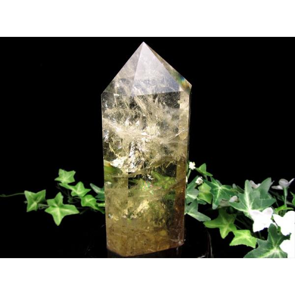 虹入り シトリン ポイント 六角柱 専用木製台座付 高さ約178mm 重さ643.5g 黄水晶 11...