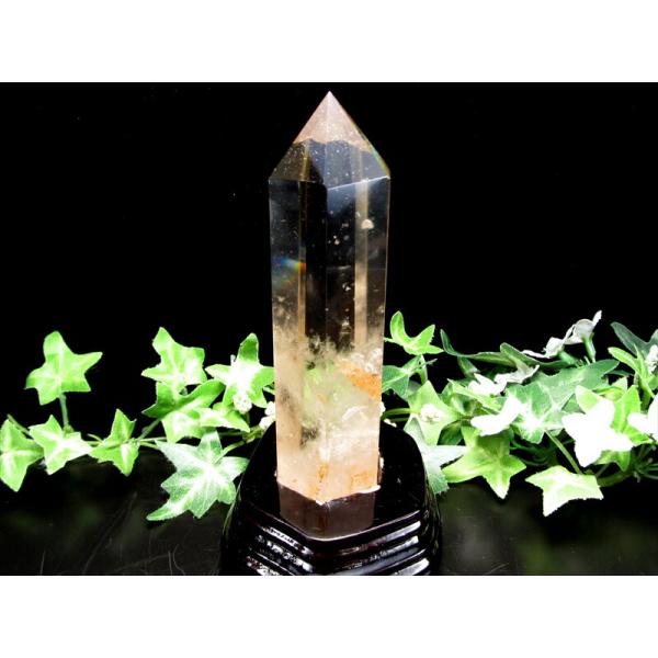 ライモナイト・ラダー入り スモーキークォーツ 水晶 ポイント 六角柱 専用木製台座付 高さ157mm...