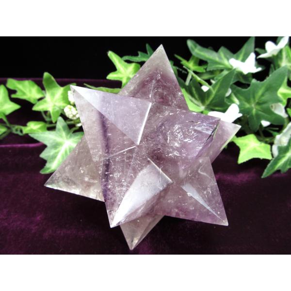 虹入り アメジストファントム 紫水晶 アステロイド 小星型12面体 置物 最大幅約10.3cm 重さ...