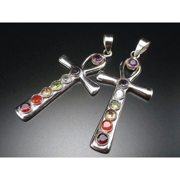 7チャクラ・アンク(エジプト十字)ペンダントトップ 縦約5cm 石サイズ縦約4mm SILVER92...