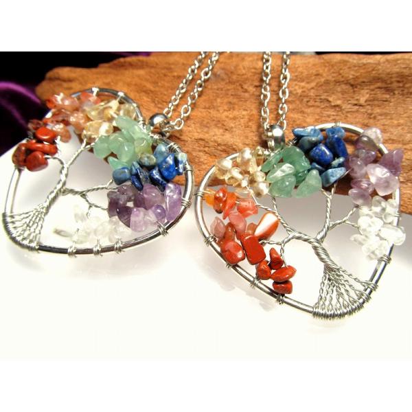 世界樹モチーフ 7種の宝石質 ハート型 ペンダントトップ 幅約52mm ワールドツリー チャクラ ペ...