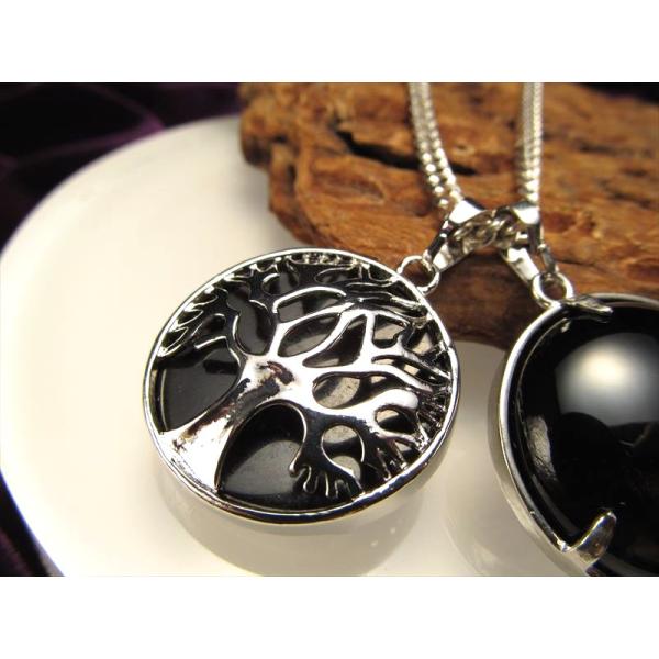 ツリーオブライフペンダントトップ 〈オブシディアン〉 幅約27.5mm 世界樹モチーフ リバーシブル...