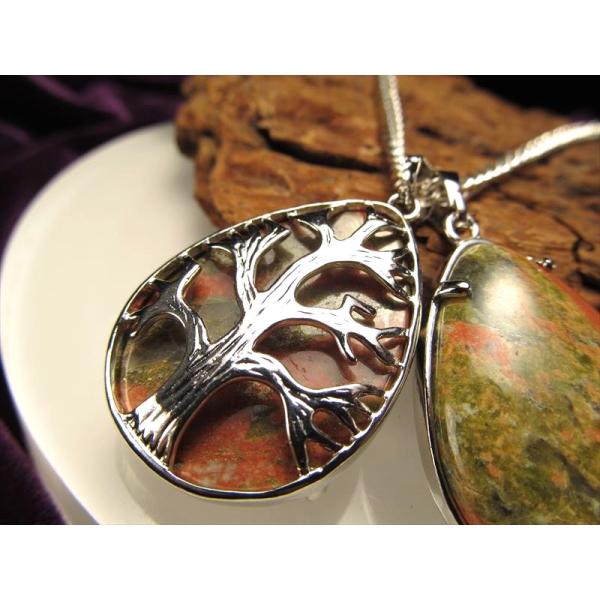 ドロップ型 ツリーオブライフ ペンダントトップ ユナカイト 縦約33.5mm つやつやドロップ リバ...