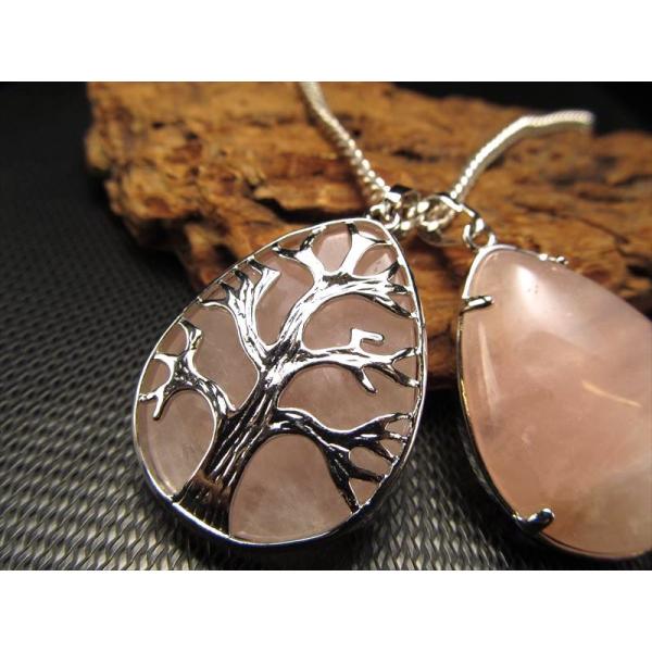 ドロップ型 ツリーオブライフ ペンダントトップ ローズクォーツ 縦約33.5mm つやつやドロップ ...