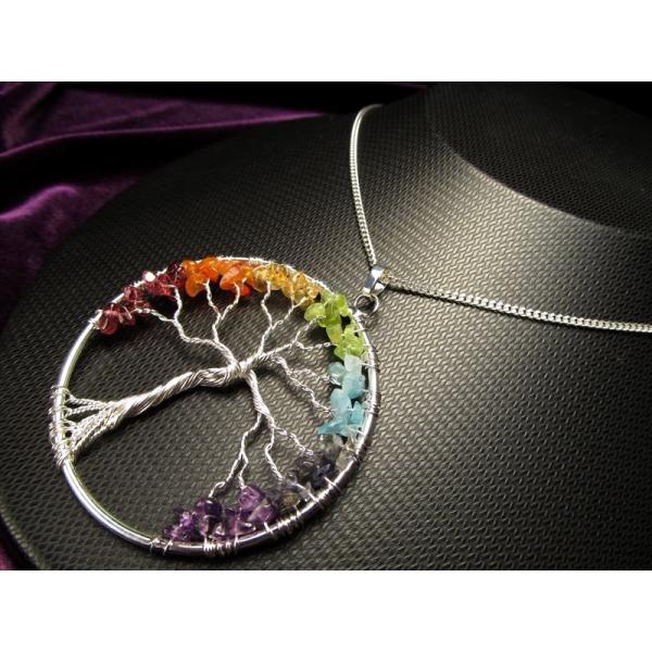 特大サイズ 7種の宝石質世界樹ツリーオブライフペンダントトップ 幅約65mm チャクラペンダントトッ...