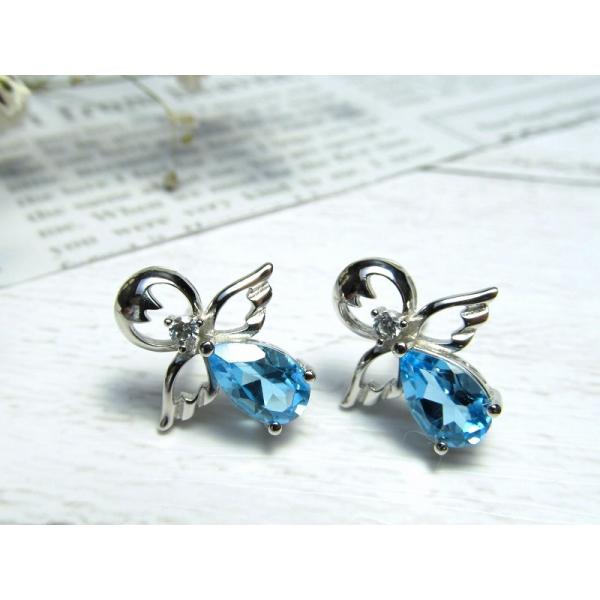 エンジェルモチーフ スイスブルートパーズ ピアス ペアシェイプカット 石サイズ縦約8mm 透明度抜群...