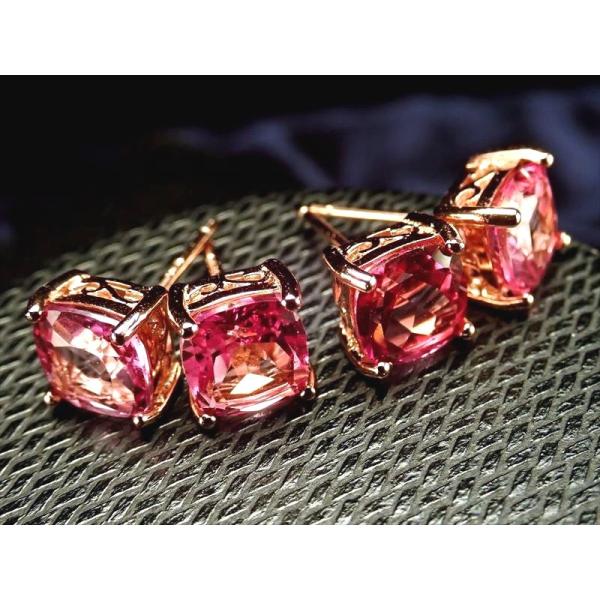 激安宣言 5A ピンクトパーズ クッションカット ピアス 石サイズ約7mm シンプル四つ爪タイプ ピ...