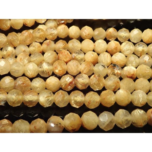 キラキラカット 3mm珠 ゴールドルチルクォーツ 針入り水晶 一連 約30-32cm ネックレスなど...