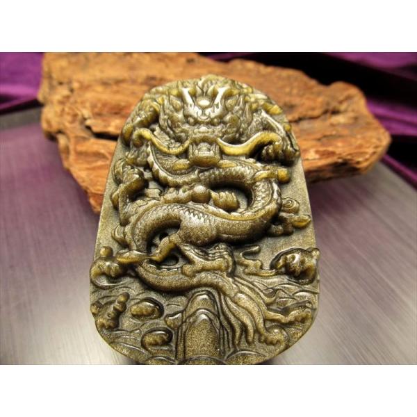 激安宣言 ドラゴン ゴールデンシャインオブシディアン 黒曜石 龍彫り カービングプレート 縦約60m...