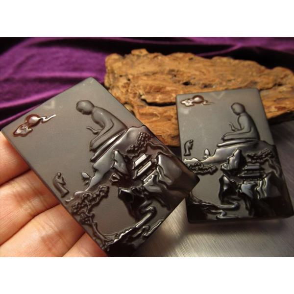 激安宣言 透明オブシディアン 黒曜石 仏教徒情景図彫り カービングプレート タイプA フロストタイプ...