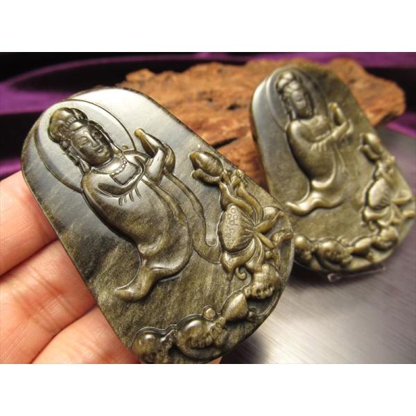 激安宣言 ゴールデンシャインオブシディアン 黒曜石 観音彫り カービングプレート 縦約60mm メキ...