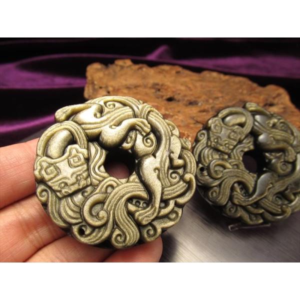 激安宣言 ゴールデンシャインオブシディアン 黒曜石 龍雲彫り リングプレート 縦約46mm メキシコ...