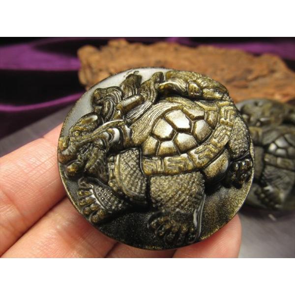 激安宣言 ゴールデンシャインオブシディアン 黒曜石 龍亀 ロングイ 彫り ラウンドプレート 縦約43...