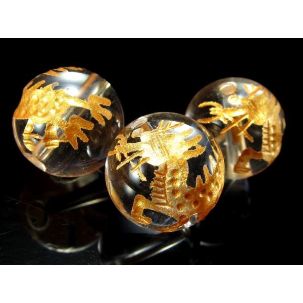 1粒売り 金塗り14ミリ珠 天然水晶 クリスタル 麒麟 キリン 彫り 吉祥仁慈の瑞獣 14mm 金塗...