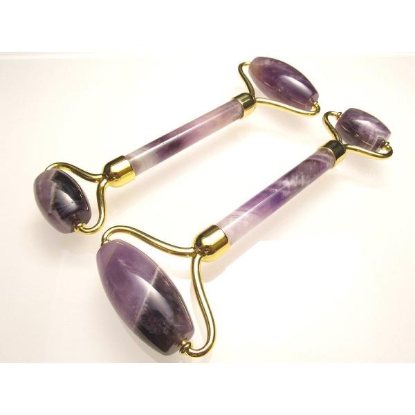 天然石 美顔ローラー アメジスト 全長約145mm 4Aのアメジスト使用紫水晶 ゴールドカラー金具