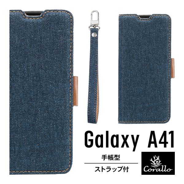 Galaxy A41 ケース 手帳型 デニム ストラップ 付き ジーンズ 手帳 カバー ストラップホ...