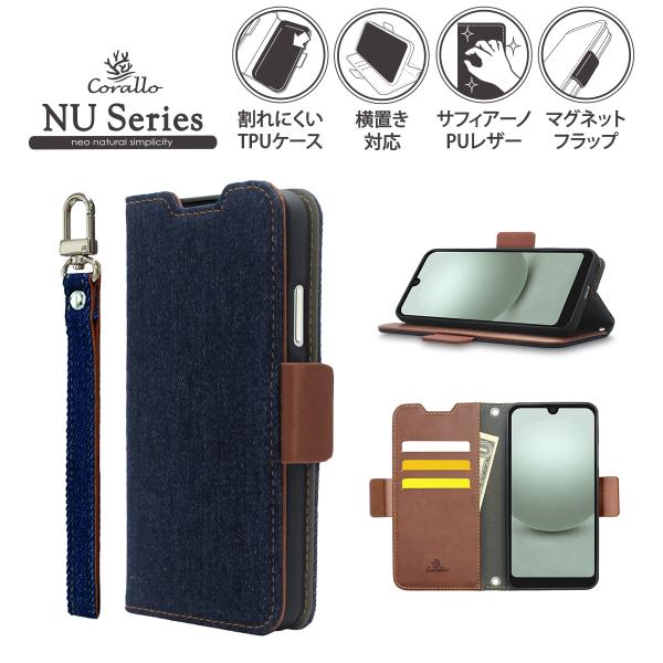 AQUOS wish3 手帳型 ケース カード 収納 ストラップ 付 スタンド デニム スマホケース...