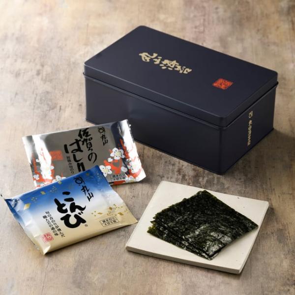 丸山海苔店 極上はしり・こんとび2種詰合せ缶入 (四切5枚×16袋) / のり まるやまのり 築地 ...