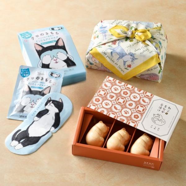 ネコづくし ギフトセット (クロのきもち)【風呂敷包み】/ ねこもなか茶漬け ホットアイマスクコット...