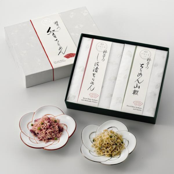 下鴨茶寮 料亭のご馳走「紅白ちりめん」 しば漬けちりめん60g、ちりめん山椒60g 品名掛け紙にも赤...